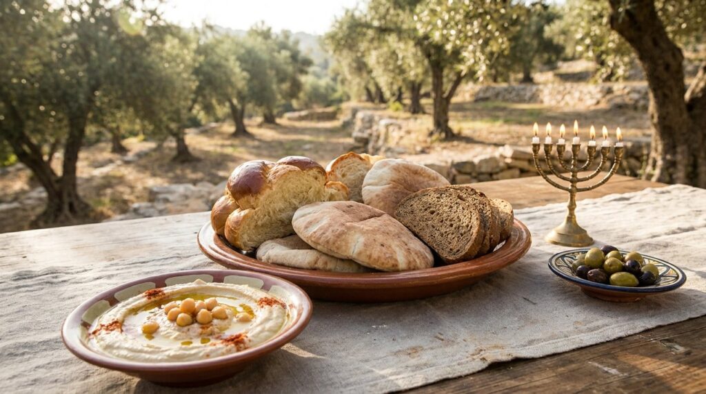 Israeli breakfast on wooden table with breads, hummus, and menorah, overlooking olive grove.