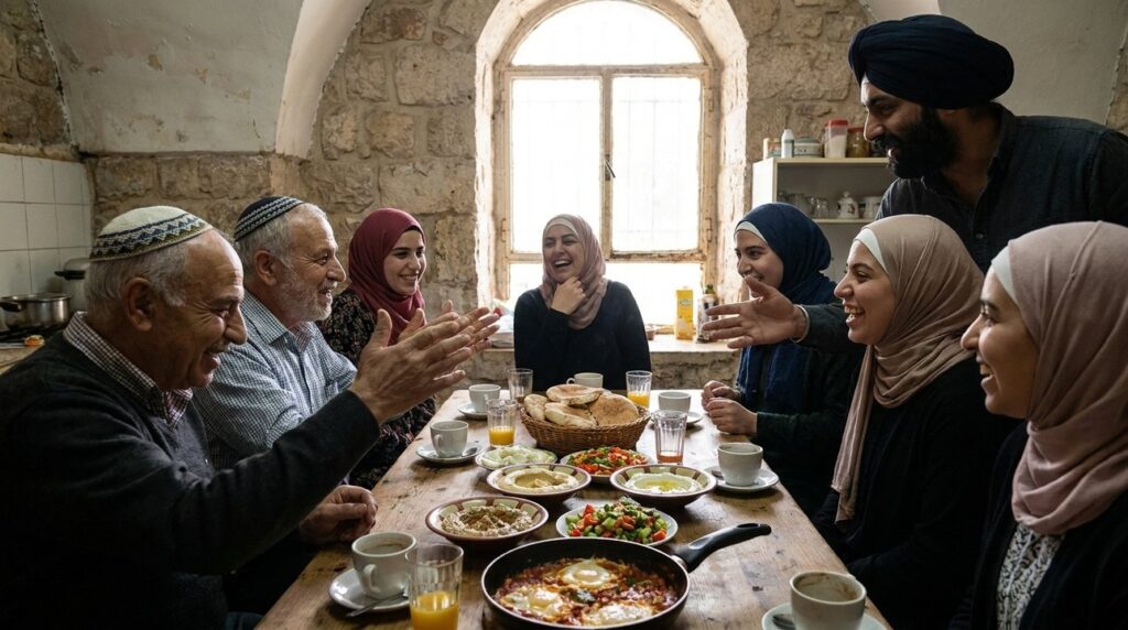 Diverse group enjoying traditional Israeli breakfast in rustic Jerusalem kitchen.