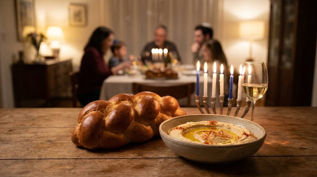 Jewish Shabbat table with challah bread and bowl of hummus.