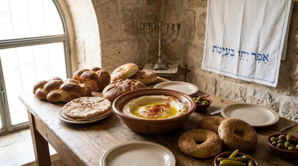 Wooden table with breads, hummus, menorah, and embroidered cloth.