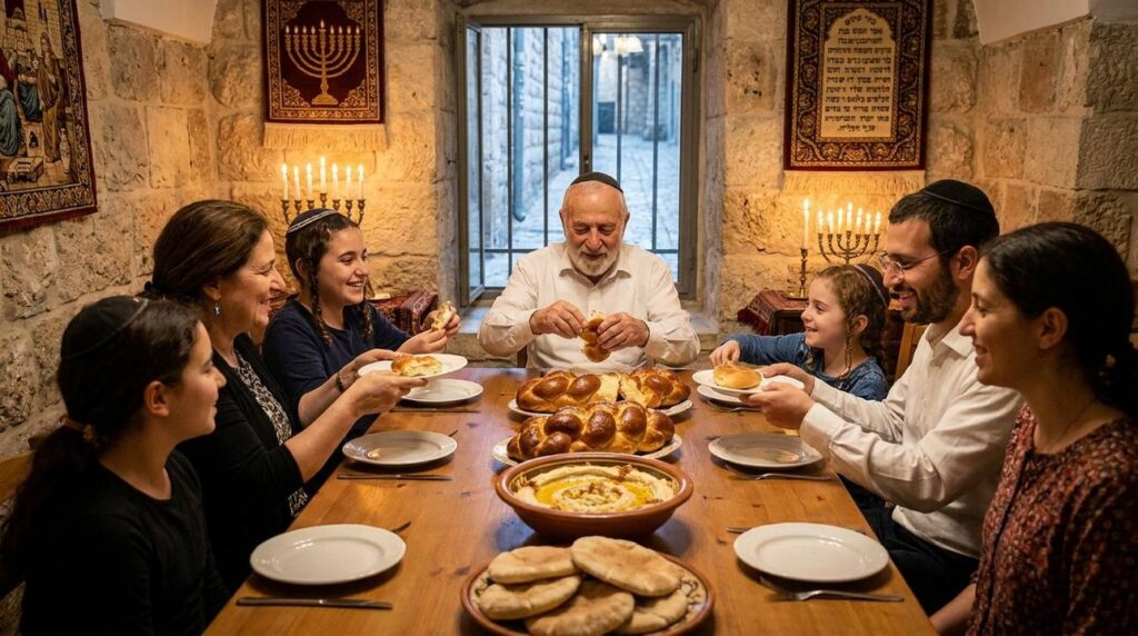 Jewish family gathers around Shabbat dinner table with bread and hummus.