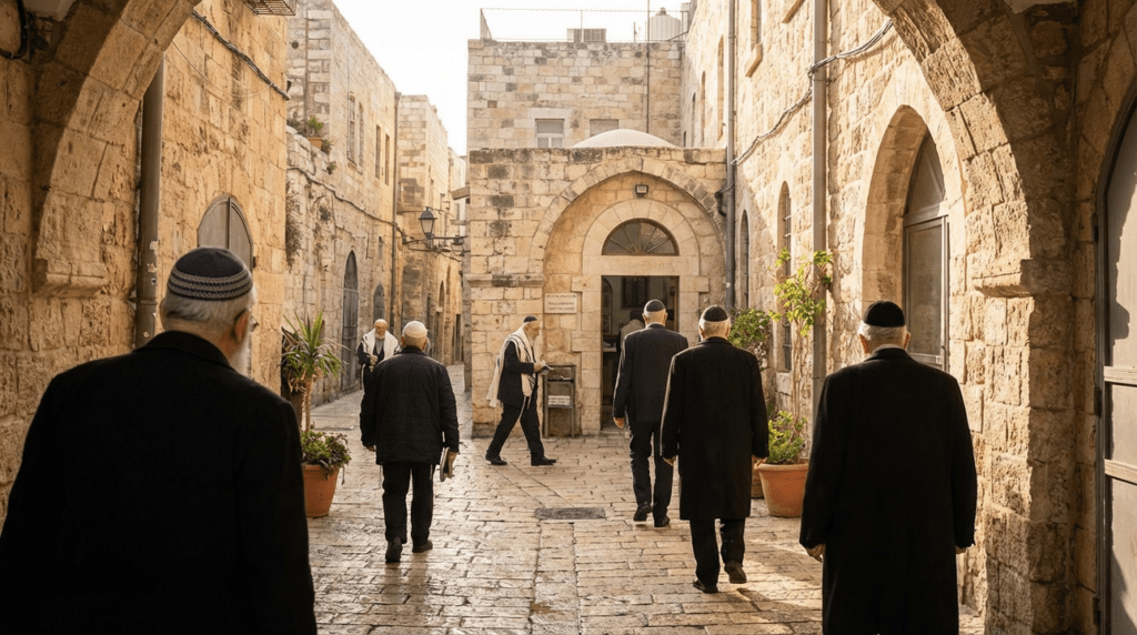 Quiet Jerusalem street with elderly men walking towards distant synagogue.
