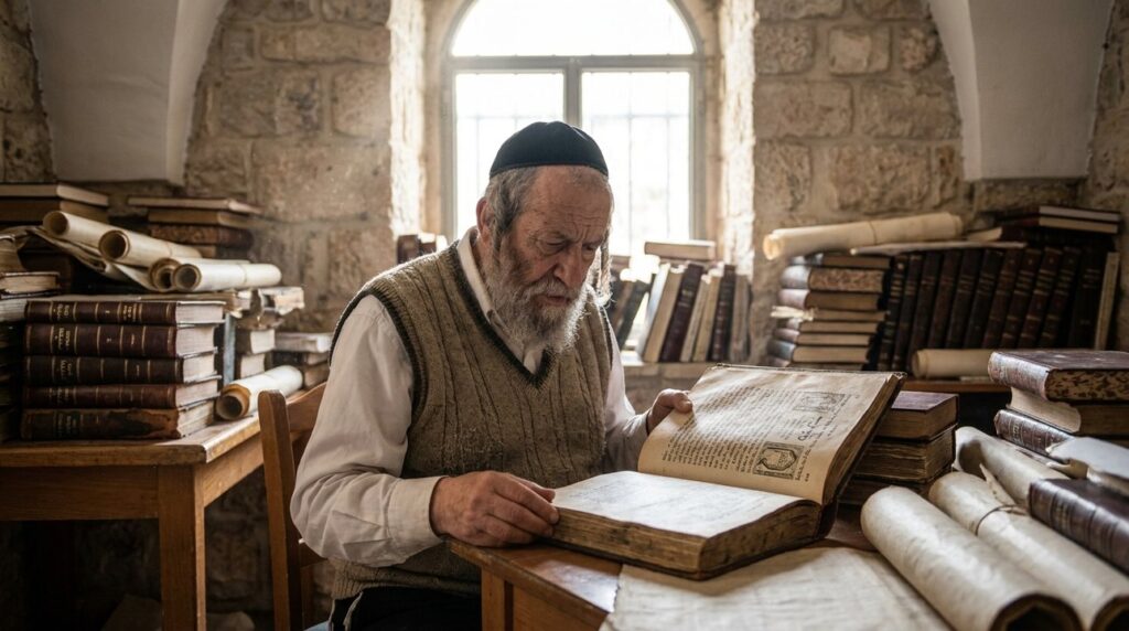 Elderly Jewish scholar reads ancient texts in a sunlit study room.