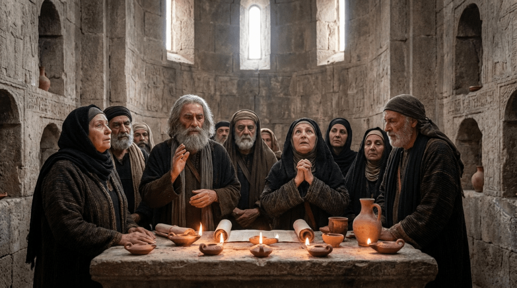 Group of solemn people in traditional attire in dim stone temple.