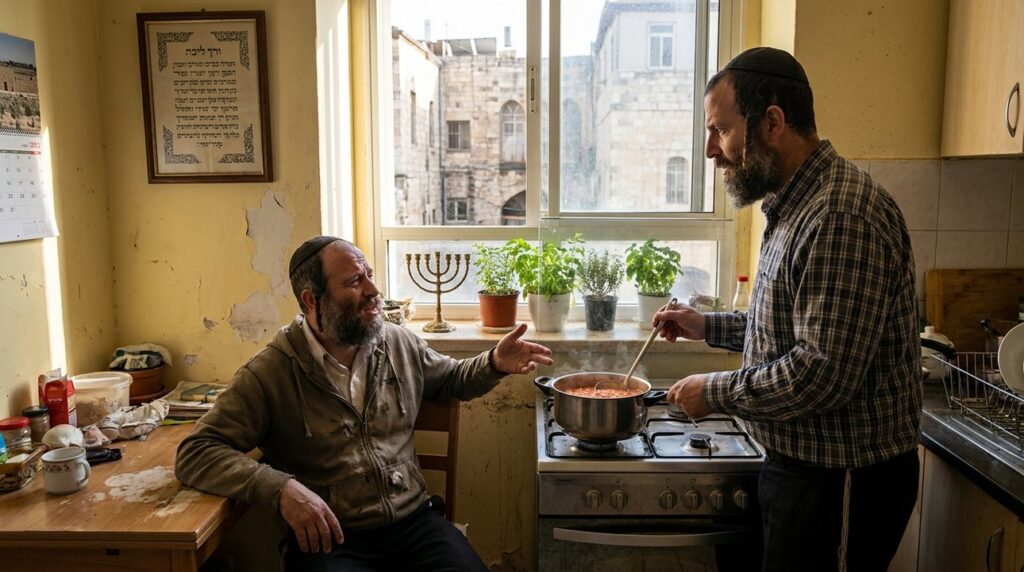 Two middle-aged men in a kitchen, one cooking stew, the other upset.