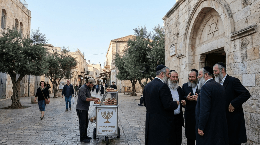 Men discussing in front of a synagogue, vendor selling pastries nearby.
