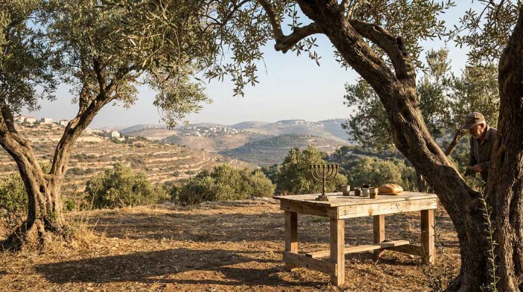 Morning light filters through olive trees with a menorah on table.