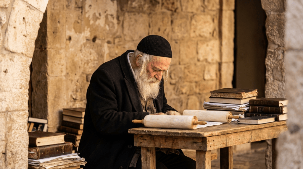 Elderly Jewish scholar reading ancient texts by weathered stone walls.