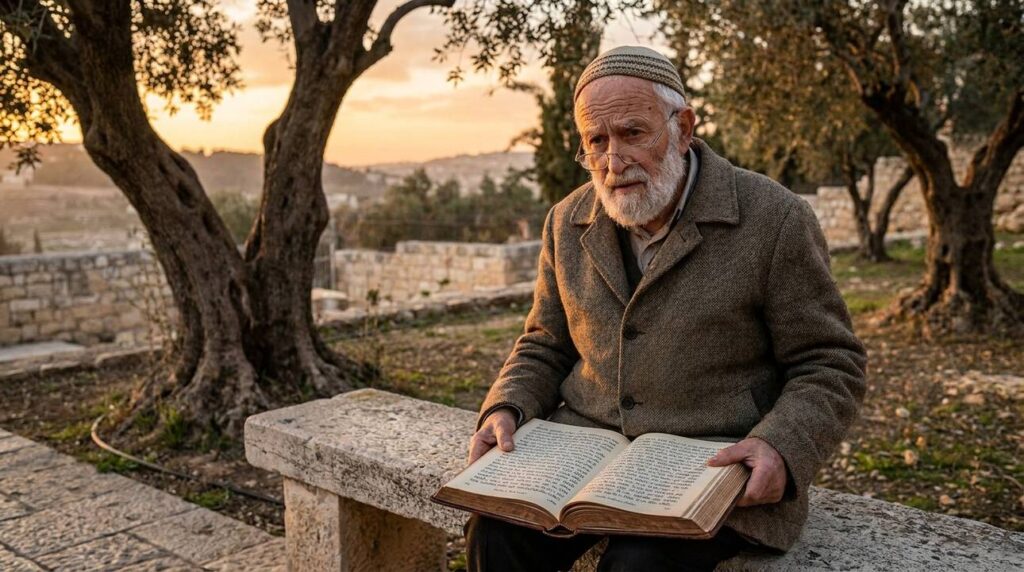 Elderly Jewish man reading ancient book in olive grove at sunset.