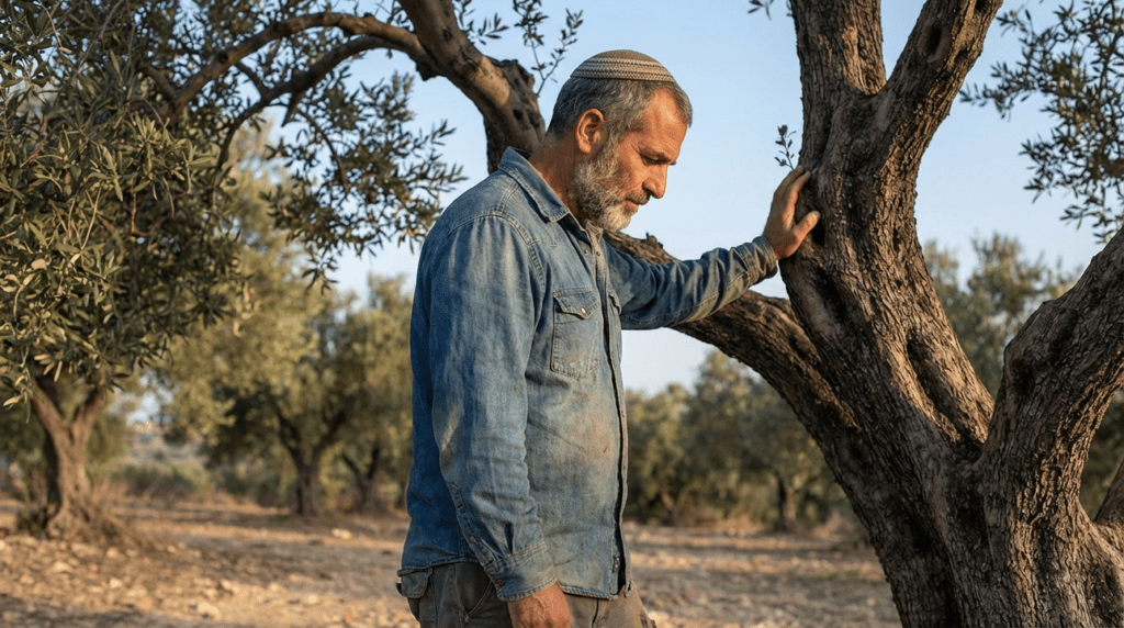 Middle-aged Jewish man touching an olive tree in a grove.