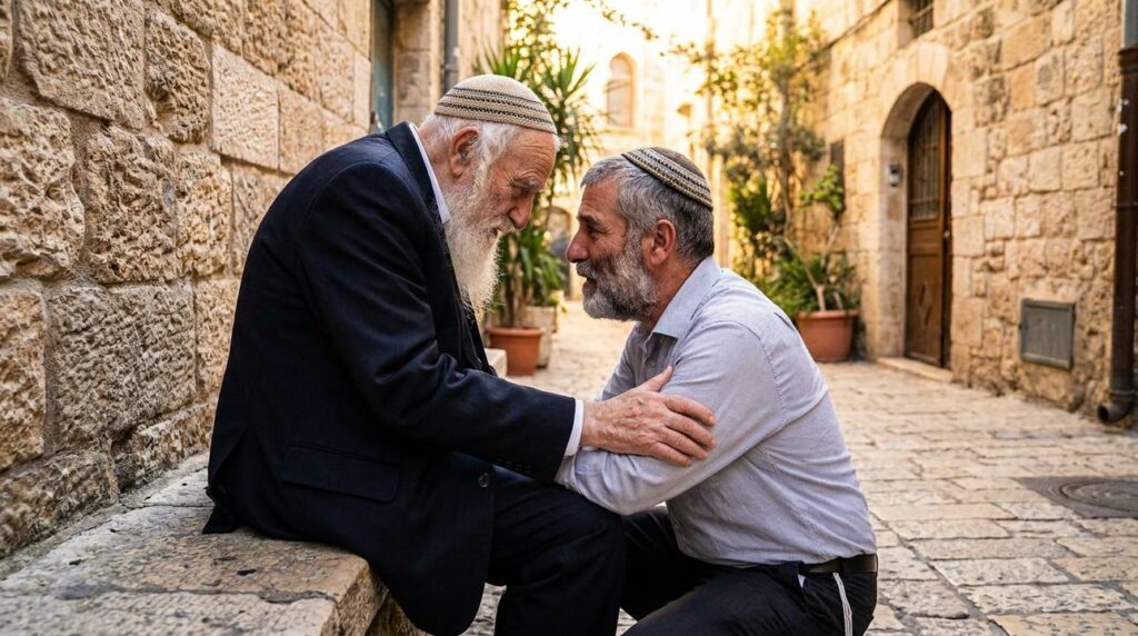 Elderly and middle-aged Jewish men conversing in Jerusalem street.