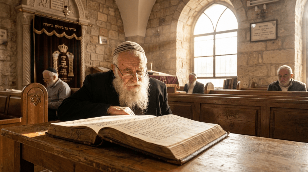 Elderly Jewish man in kippah reading texts in sunlit synagogue.