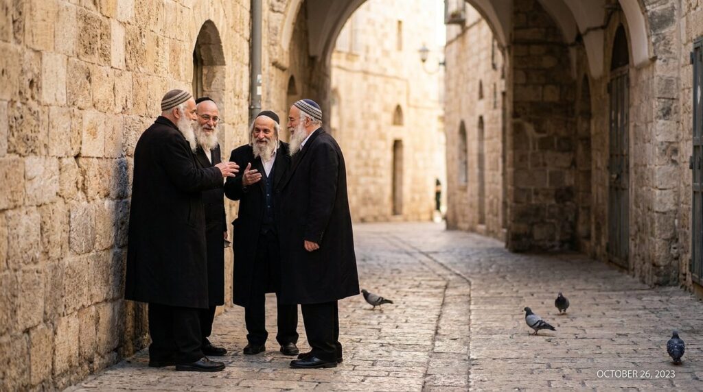 Elderly men in kippahs discuss by a Jerusalem stone wall.