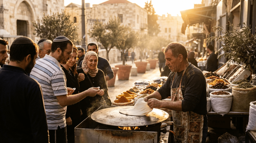 Jerusalem street market with vendor making Laffa bread, customers waiting.