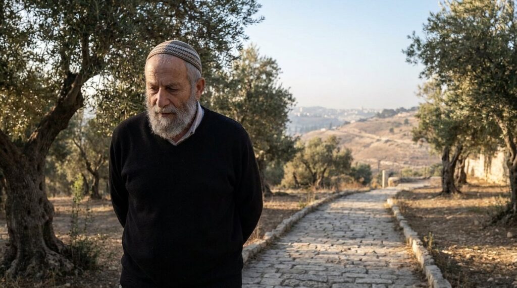 Elderly man wearing a kippah walks on a stone path under olive trees.