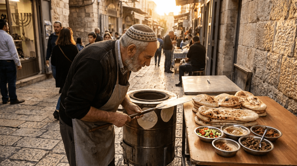 Elderly Jewish man in Jerusalem making pita and laffa breads.