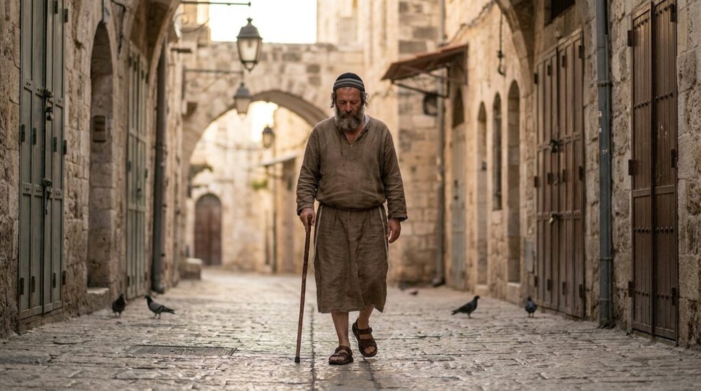 Solitary figure in traditional Jewish attire walking through Jerusalem at dawn.