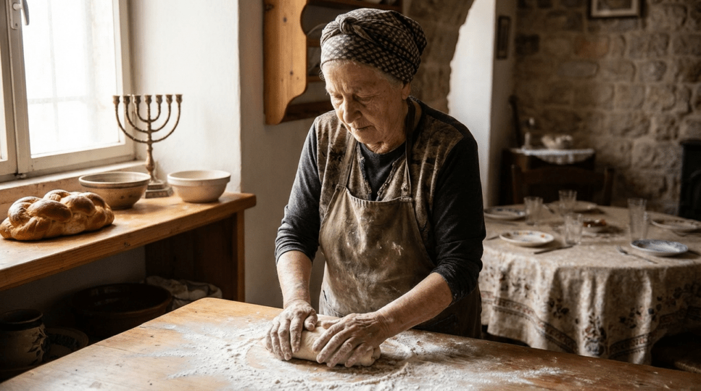 Elderly Jewish woman prepares laffa bread in a traditional kitchen.