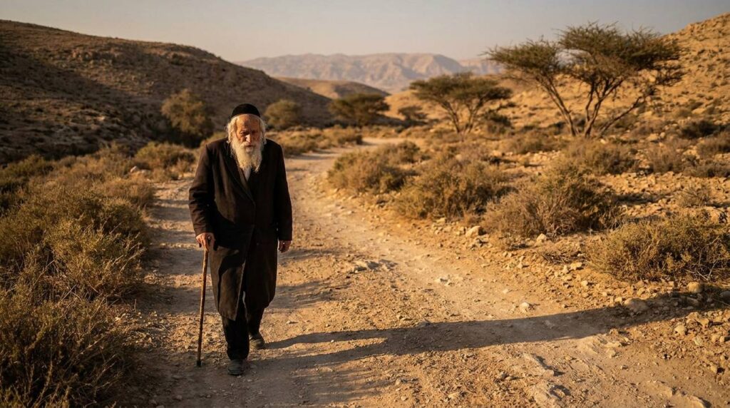 Elderly man in traditional Jewish attire walking on ancient path in Israel.