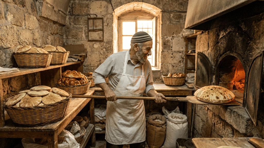Elderly Jewish baker in Jerusalem pulls laffa from oven.