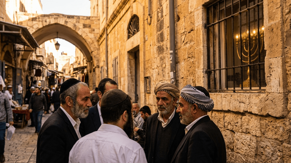 Group in traditional Jewish headwear conversing in sunlit Jerusalem street.