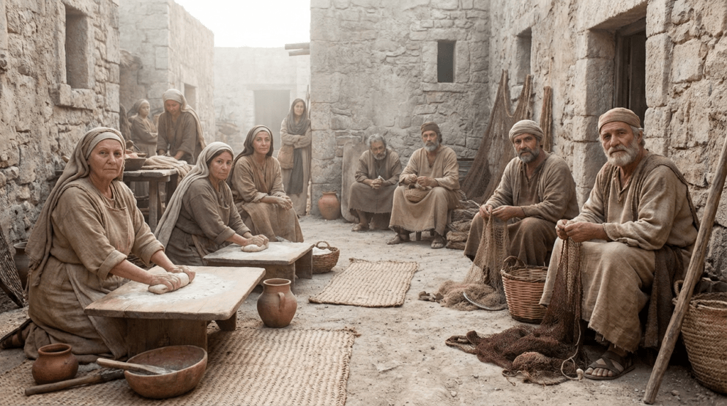 Hebrew men and women in traditional clothing, engaged in communal activity.