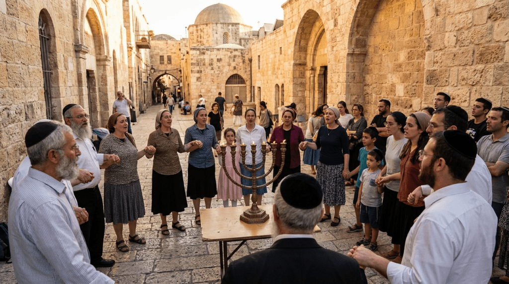 Group of people with menorah praying on Jerusalem street at dusk.