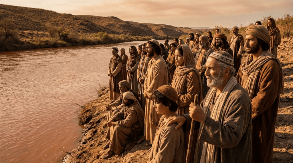 Group of people in traditional Jewish attire by red-tinted river.