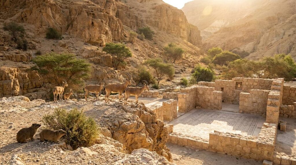Ibex and hyrax in Ein Gedi Nature Reserve with ancient synagogue.