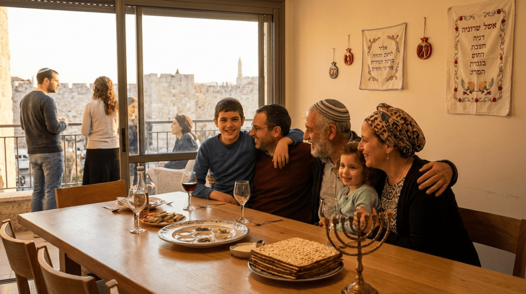 Family celebrates Passover in Jerusalem with menorah and traditional foods.