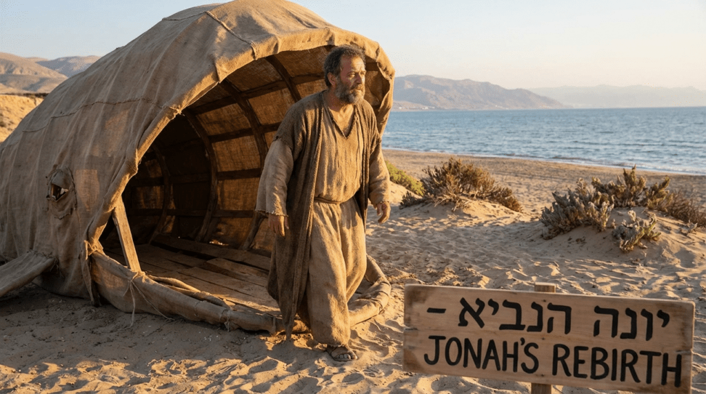 Middle-aged man in traditional garments emerges from fish on Israeli beach.