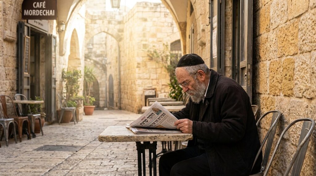Elderly Jewish man in Jerusalem reading newspaper at outdoor café.