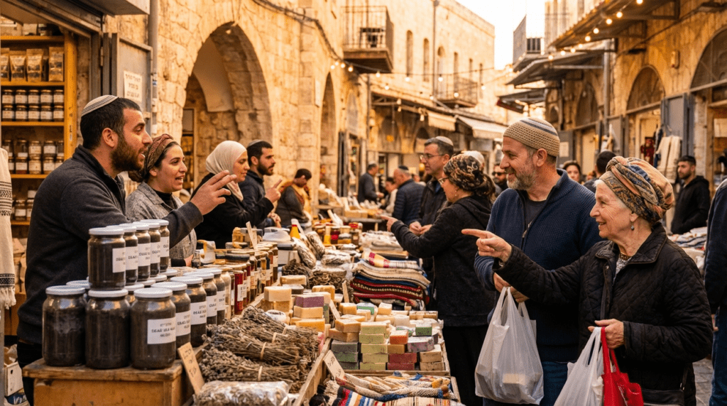 Jerusalem market scene with vendors selling traditional Israeli products.