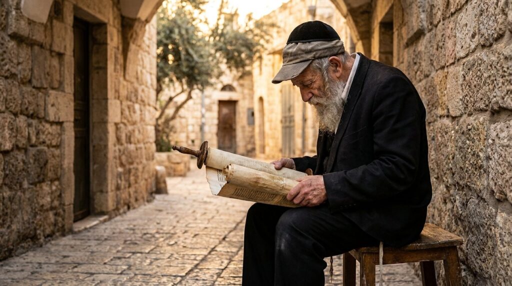 Elderly Jewish man reading Torah in a stone-paved Jerusalem alley.