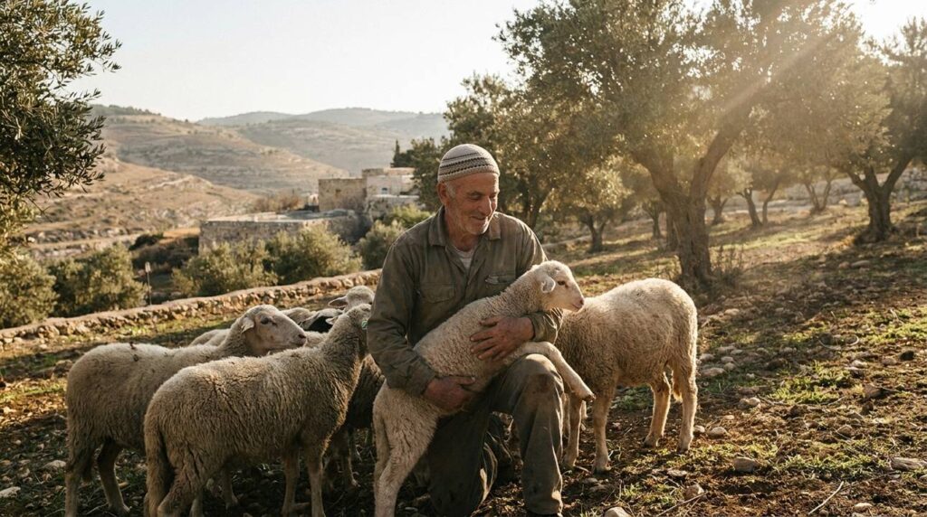 Shepherd in traditional Jewish attire caring for sheep in olive grove.