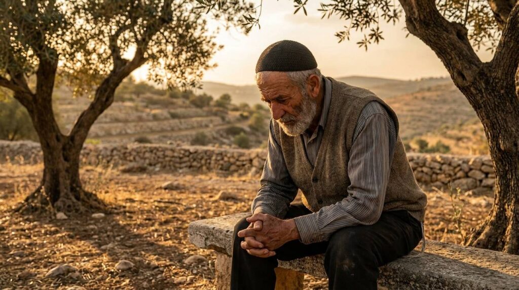 Elderly man dressed in traditional Jewish attire meditates in olive grove.