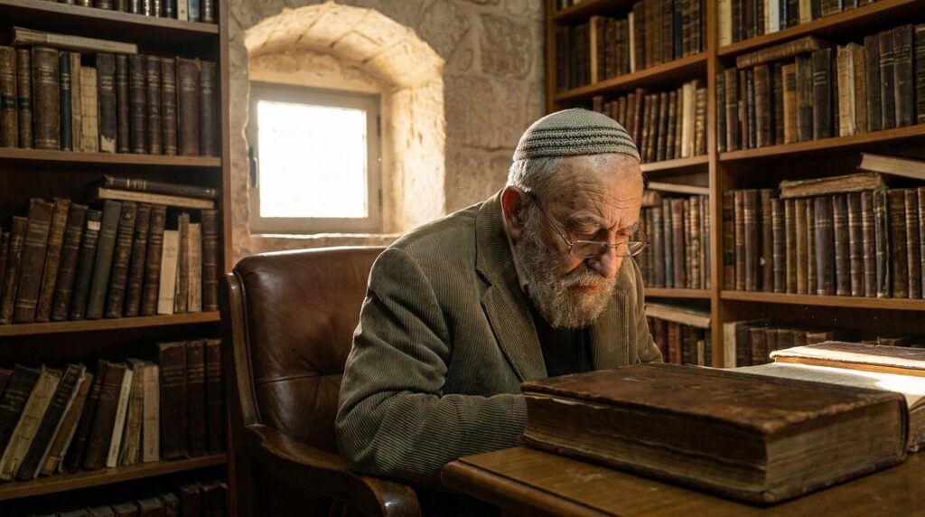 Elderly Jewish man reading ancient book in a dim study room.