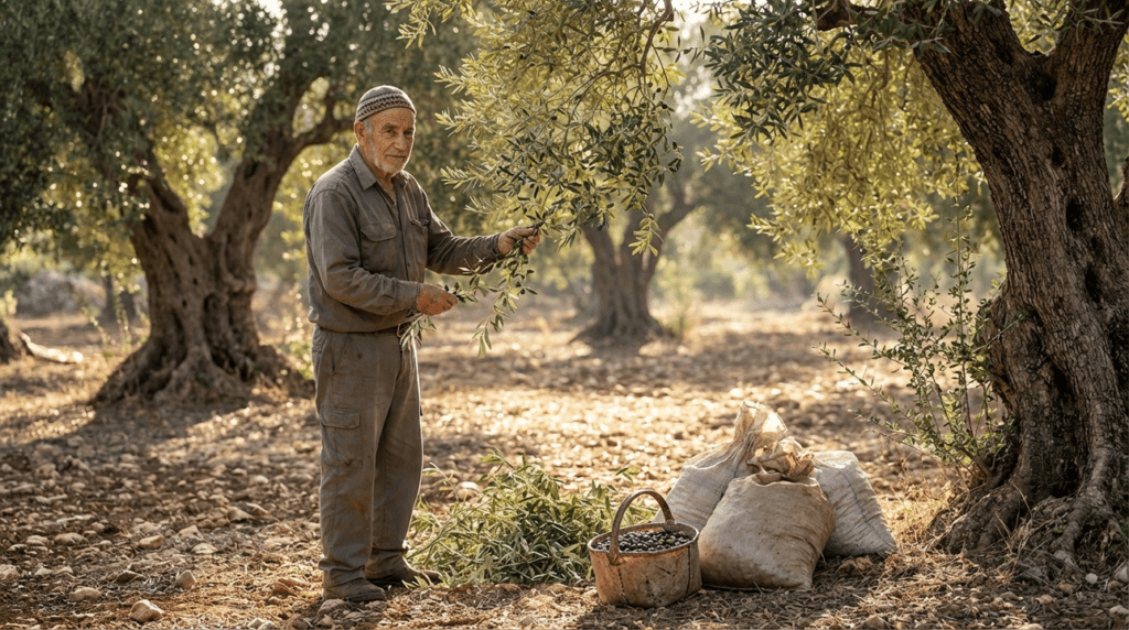 Elderly man in kippah harvesting olives in sunlit grove.