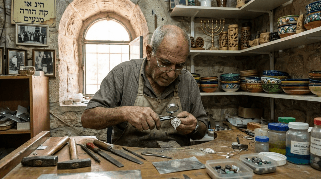 Elderly artisan in Jerusalem crafting silver jewelry in his workshop.