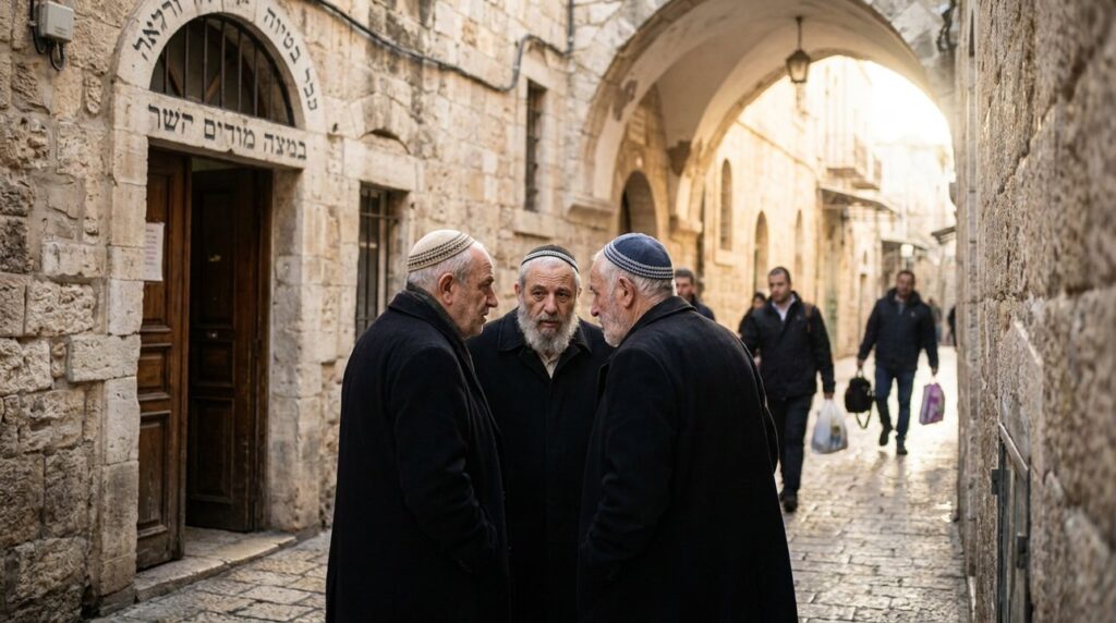 Jewish men in traditional attire discussing outside a stone synagogue.