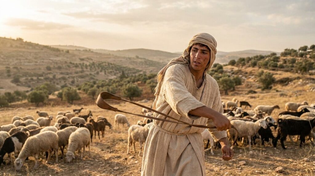 Young shepherd using a sling among sheep in Bethlehem fields.