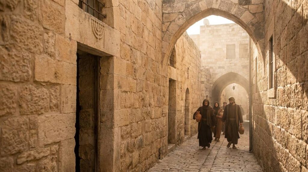Ancient stone architecture in Hebron with menorah and period-dressed figures.