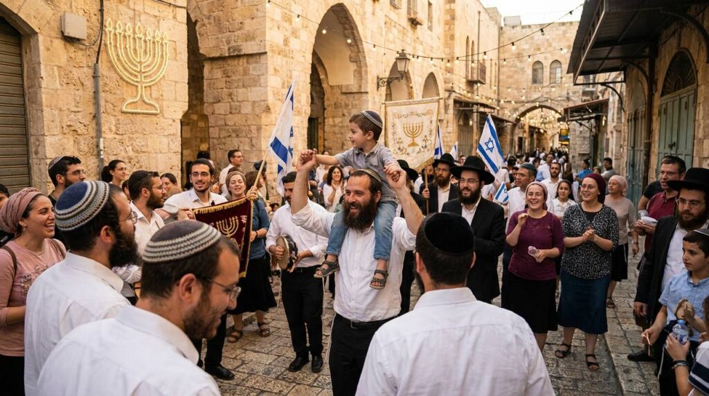 Jerusalem street celebration with people in traditional Jewish attire.