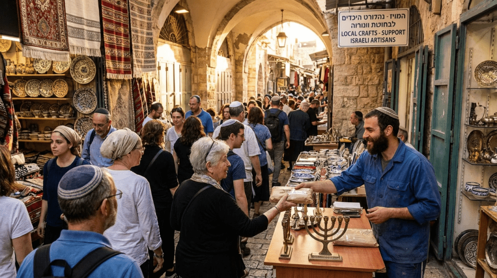 Jerusalem market scene with stalls selling crafts, menorah, and fabrics.