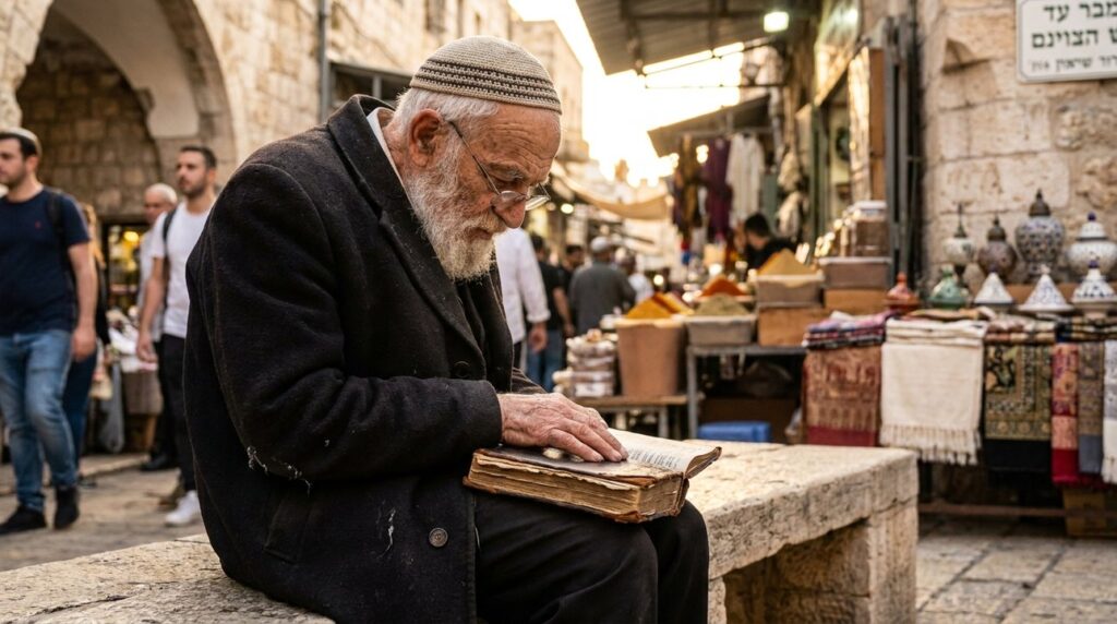 Elderly Jewish man reads Psalter on stone bench in market.