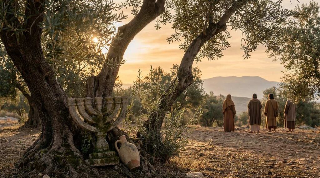 Serene olive grove at dawn with menorah among dewy leaves.