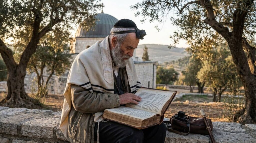Elderly Jewish man reading ancient texts in an olive grove.