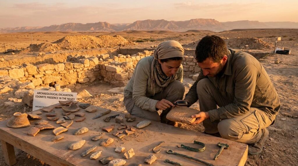 Historians examine artifacts at an archaeological site in Israel.