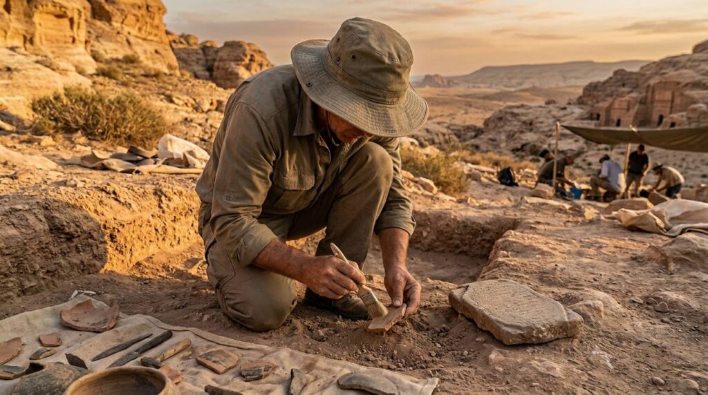 Archaeologist examines artifacts at Bozrah excavation site during sunset.