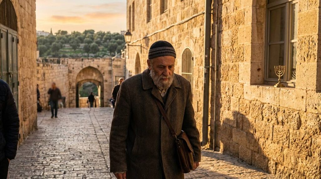 Elderly Jewish man in kippah walks in Jerusalem's cobblestone street.